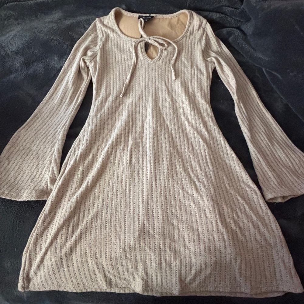 cream or tan a-line dress flare long sleeve with tie